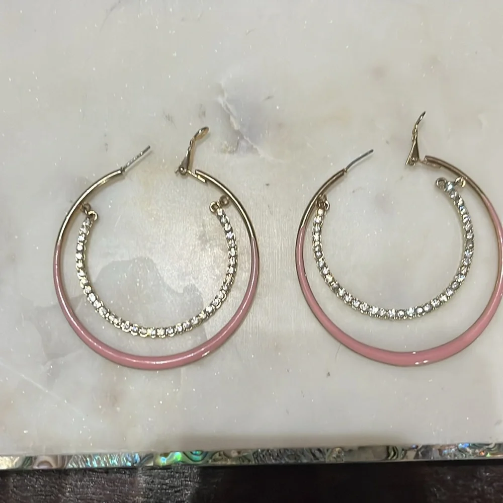 Charming Charlie Pink & Rhinestone big hoop pierced earrings
